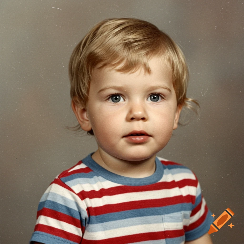 Close-up portrait of a young blonde-haired child in a red, white, and blue striped shirt looking at the camera.