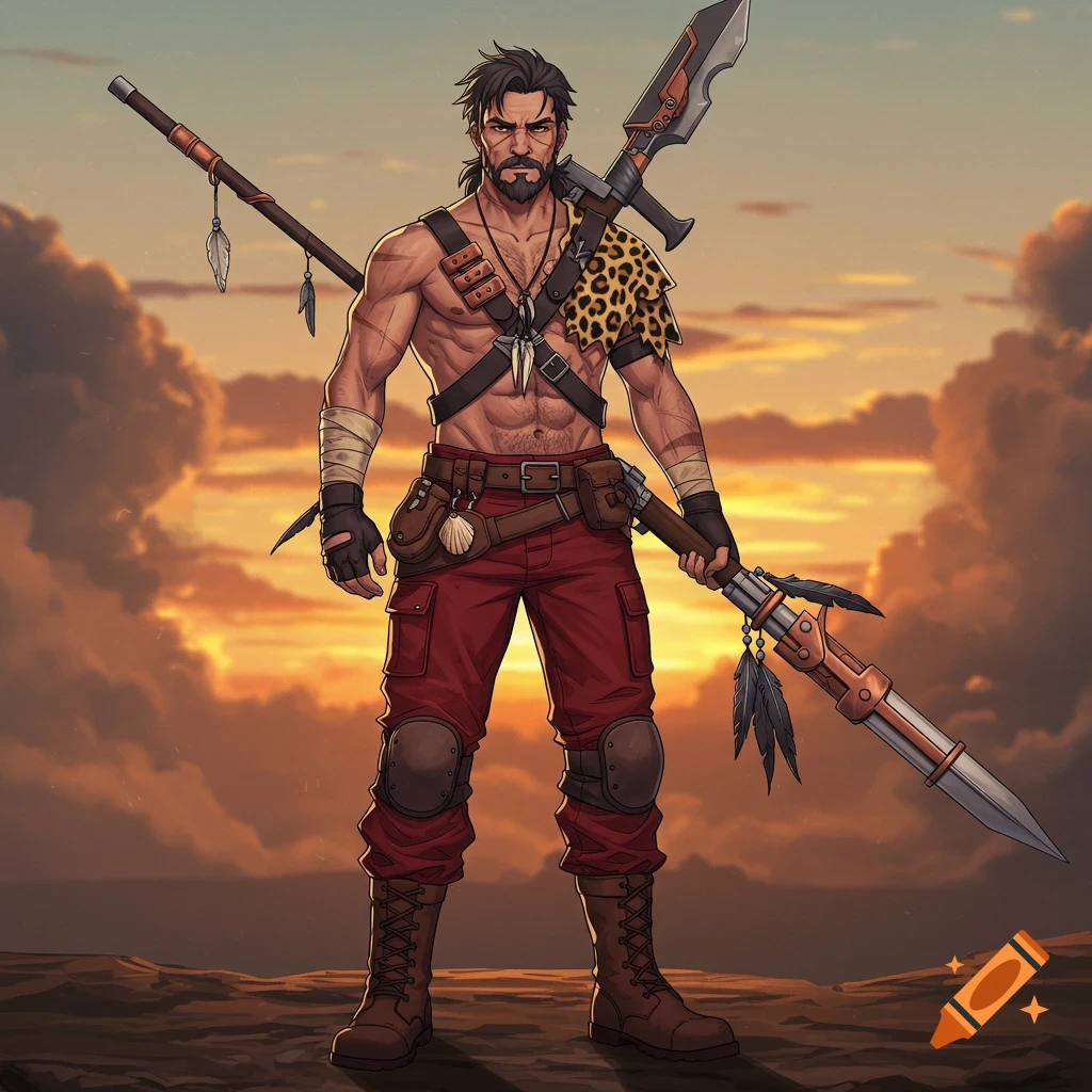A muscular, bearded man in a stylized art style, shirtless with red pants and a leopard print pelt, holding a large spear, standing against a sunset sky.