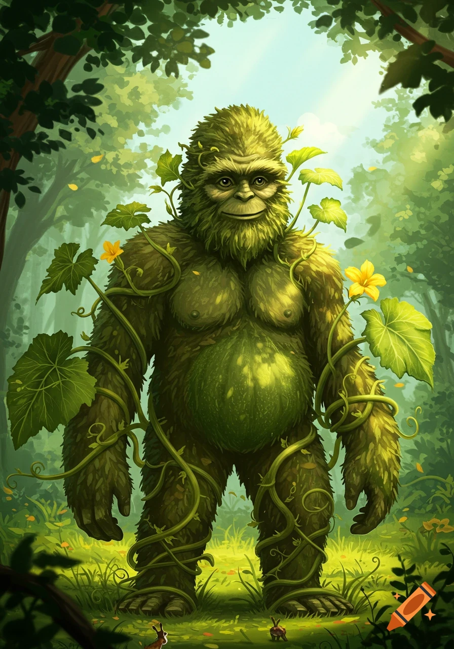 A green Sasquatch-like creature covered in leaves and vines, with a squash-shaped belly, stands in a lush forest.
