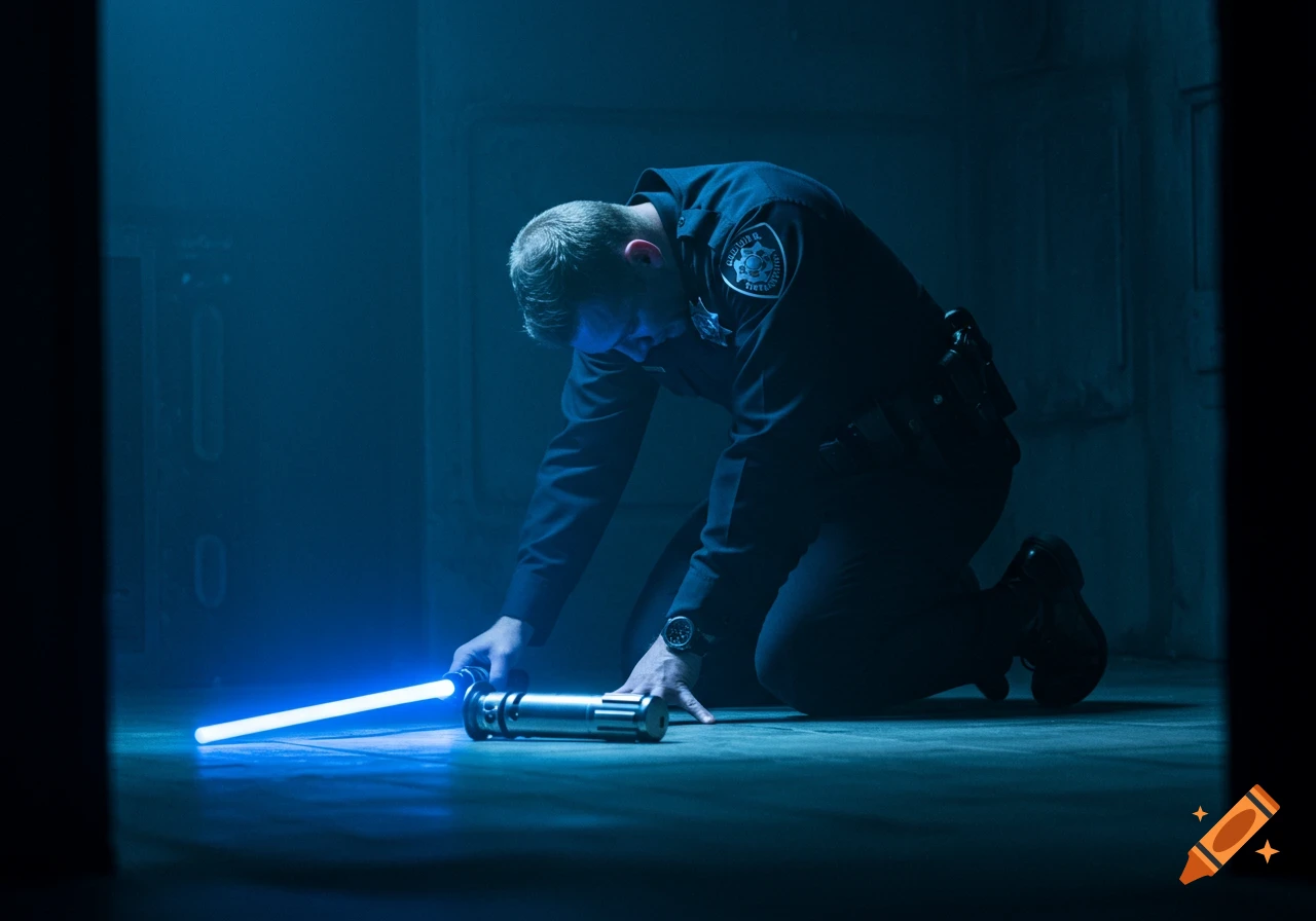 A police officer kneels in a dark, blue-lit room, hunched over in sadness, with a glowing blue lightsaber on the floor in front of him.