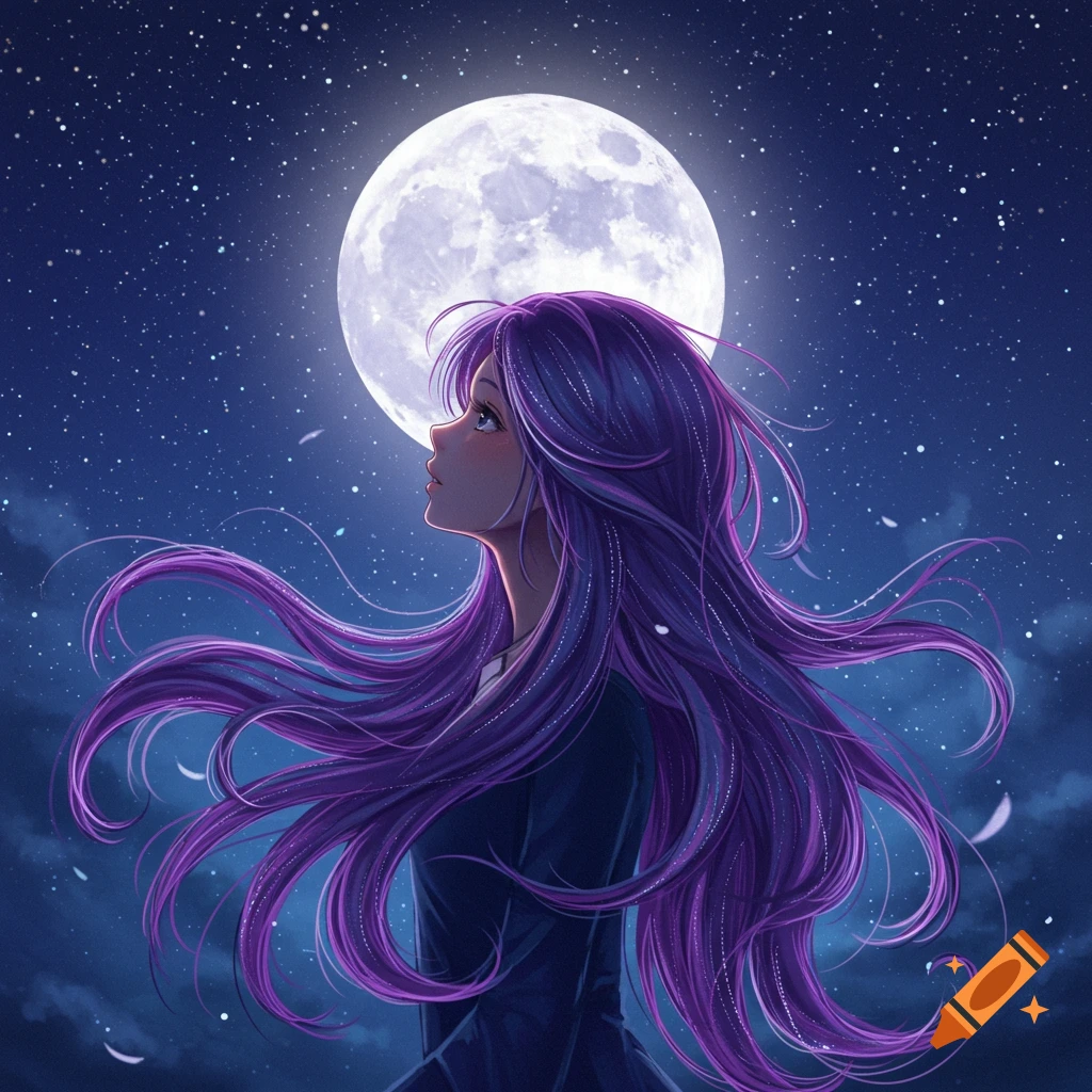 Animated girl with long purple hair looking up at a full moon in a starry night sky.