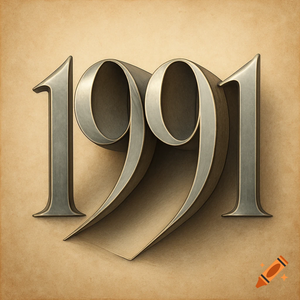 3D silver numbers 1991 with a paper-like texture and shadows on a beige background.