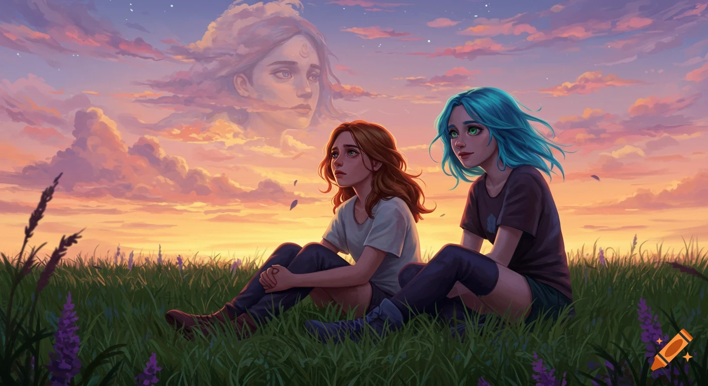 Two girls with red and blue hair sit in a grassy field at sunset, with a subtle face formed in the clouds above them. Digital art.