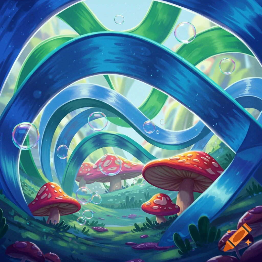 Whimsical illustration of arched blue and green ribbons, red mushrooms with white spots, and floating bubbles in a fantasy landscape.
