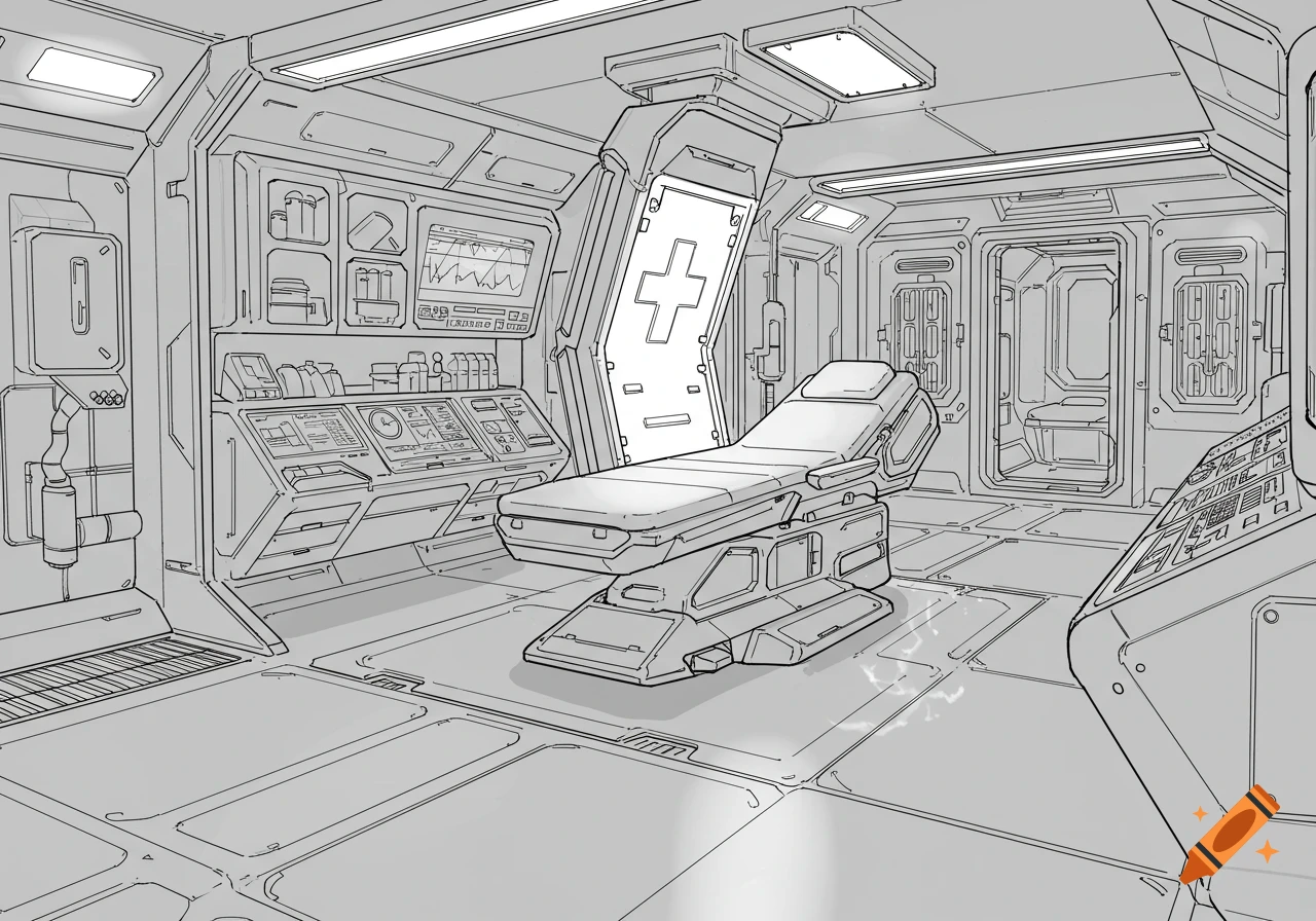 A detailed line art drawing of a futuristic spaceship sick bay with a medical bed, control panels, and monitors.