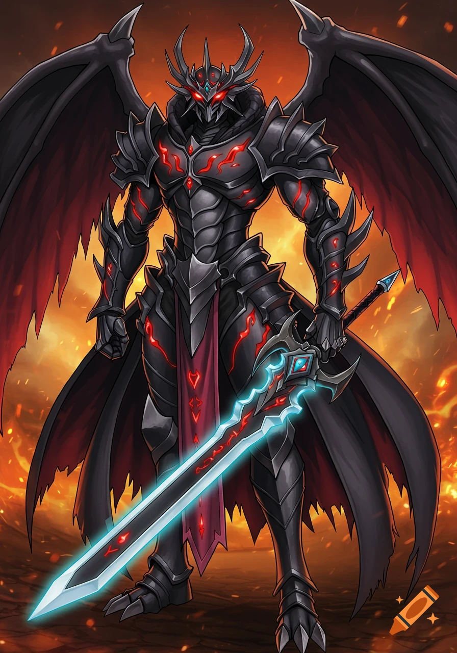 Dark armored fantasy warrior with dragon wings and a glowing blue sword, in a fiery background, Yu-Gi-Oh! style.