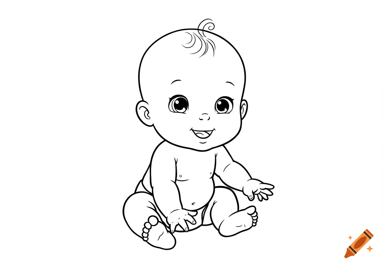 Cute baby in black and white line art style, sitting and smiling, suitable for a coloring book.