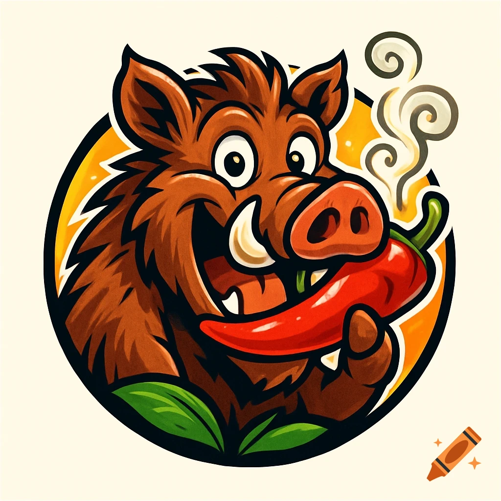 A happy cartoon wild boar eating a red chili pepper, with smoke coming from its snout, in a circular logo design.