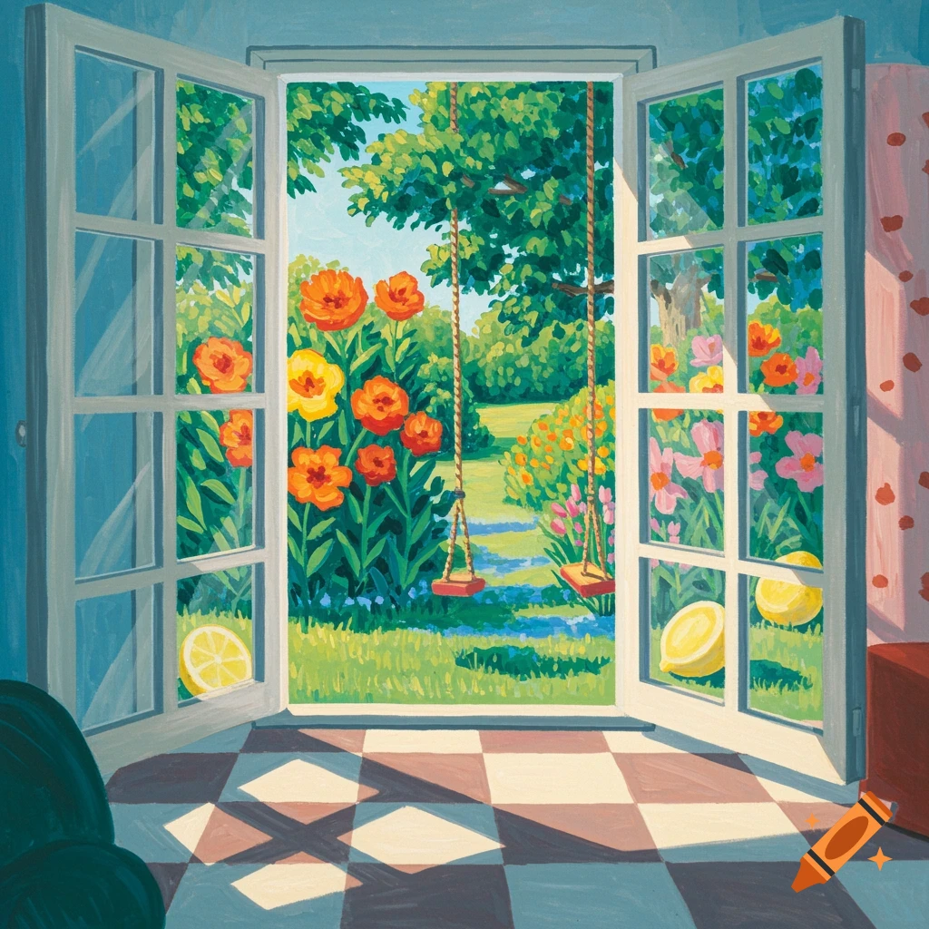 A vibrant, painterly view through an open window to a whimsical garden with swings and colorful flowers, with lemons on a checkered floor.