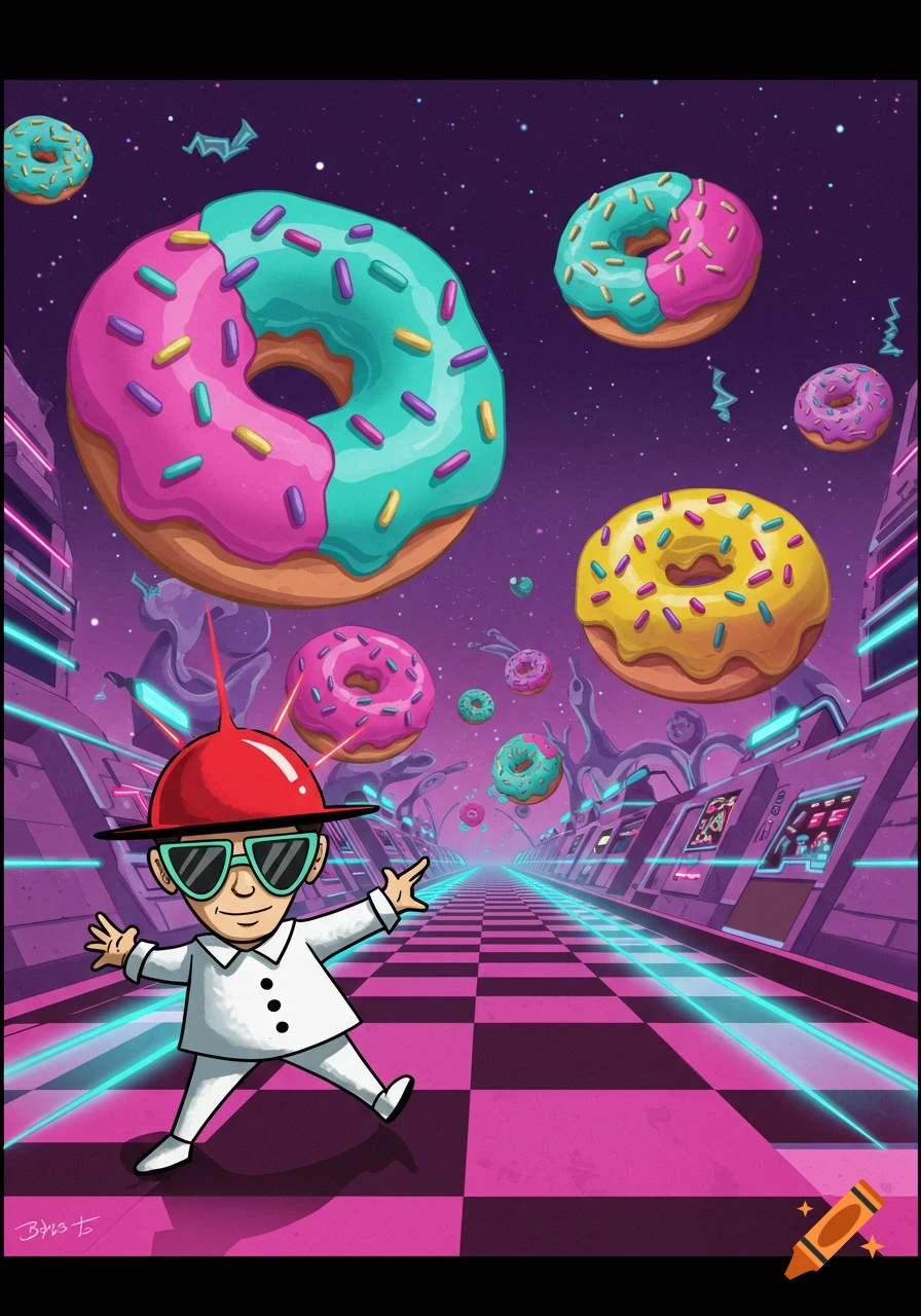 Cartoon character in red hat on checkered path in purple space, surrounded by large colorful floating donuts and futuristic buildings.