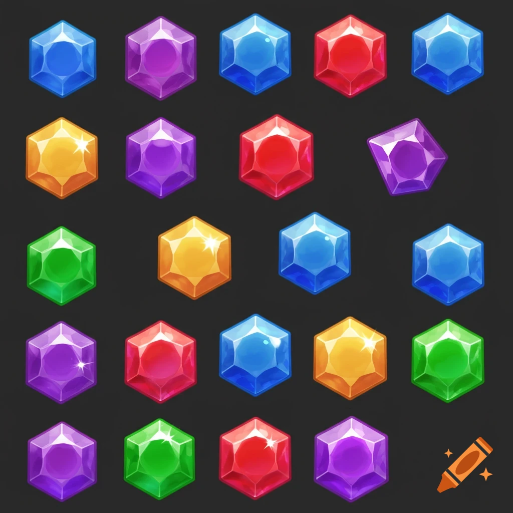 A grid of colorful, faceted hexagonal gems in shades of blue, purple, red, orange, and green, digitally rendered.