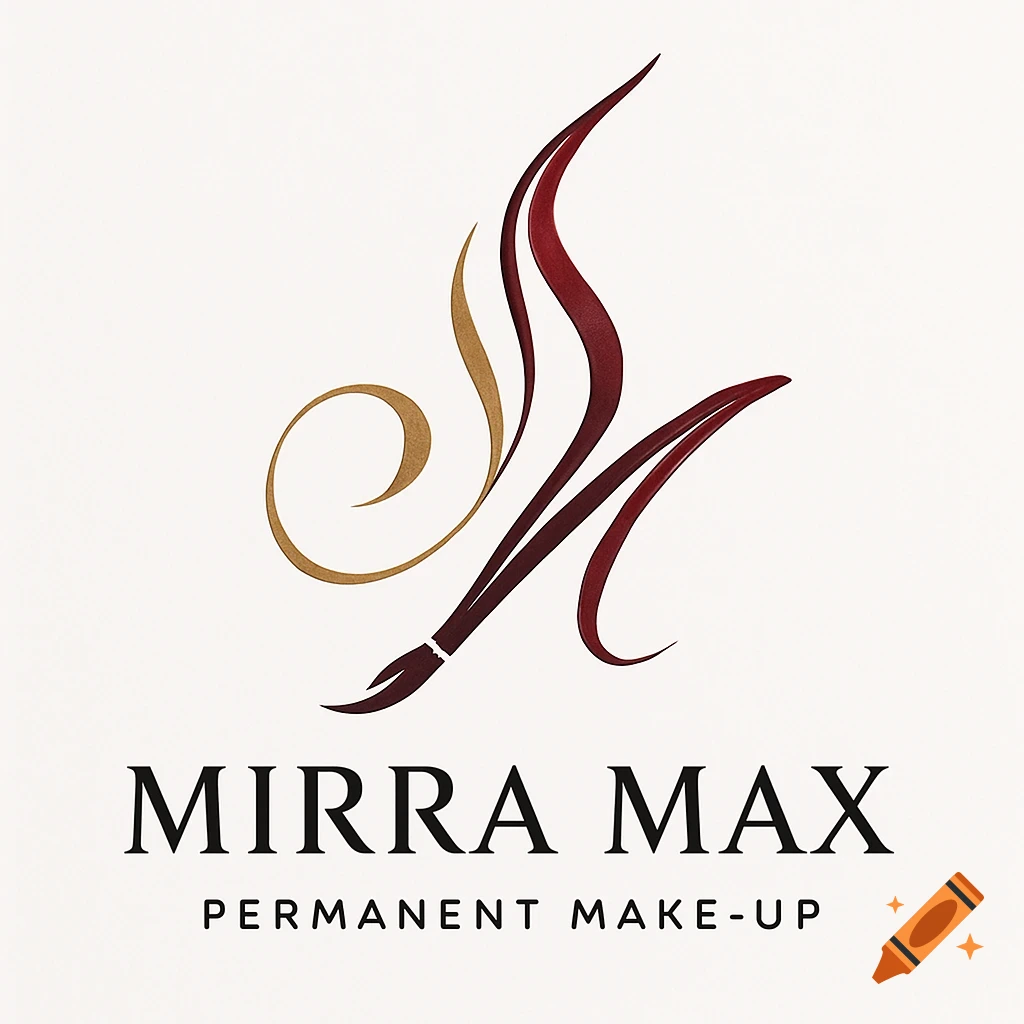 A logo for Mirra Max Permanent Make-Up, featuring a stylized red and gold M-shaped design resembling a paintbrush above the company name.