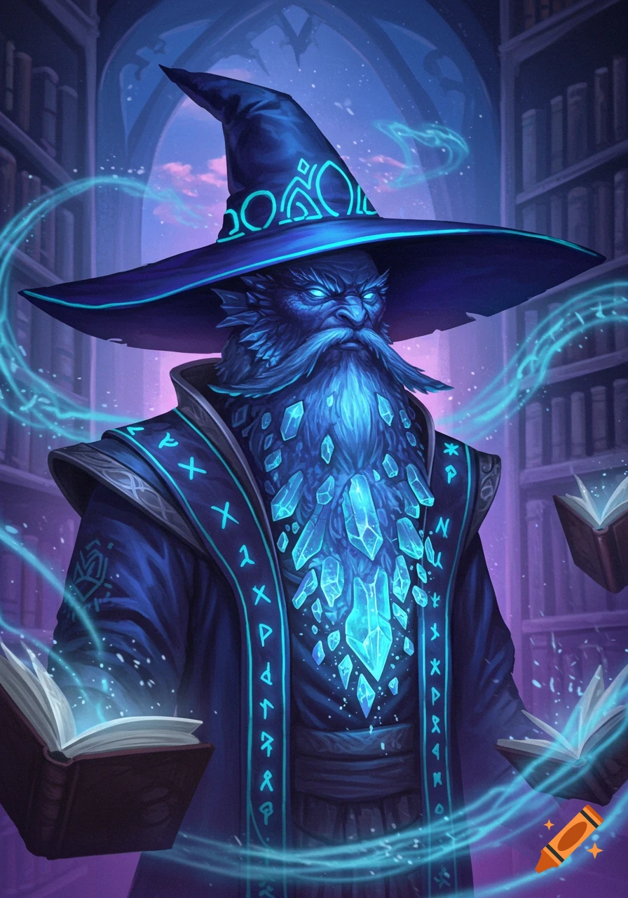 A blue wizard with a crystal beard and glowing eyes, wearing a large hat with neon patterns and a robe with runes, holding two glowing books in a mystical library.