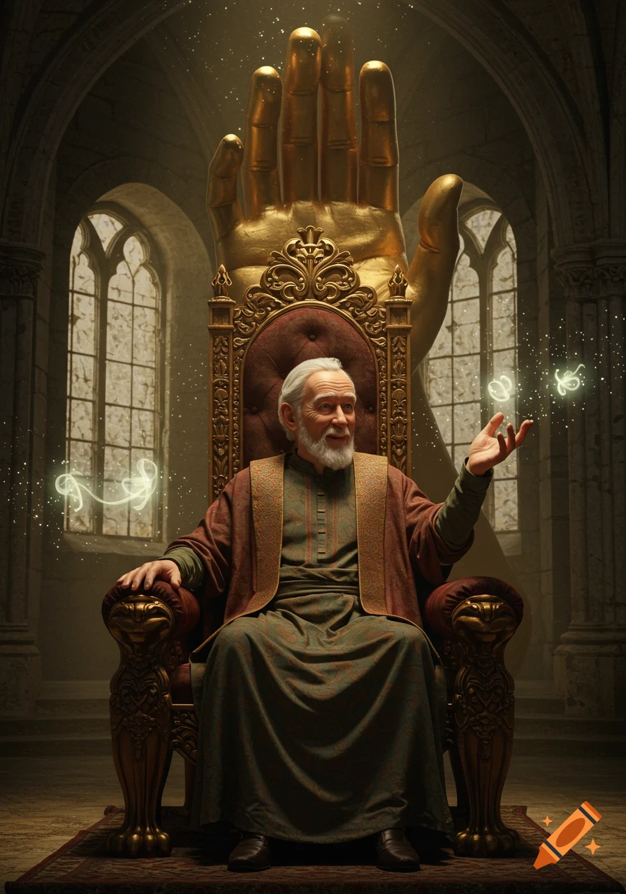 An old man with a white beard sits regally on an ornate throne in a grand hall, his hand outstretched towards glowing magical wisps. A giant golden hand statue rises behind him.
