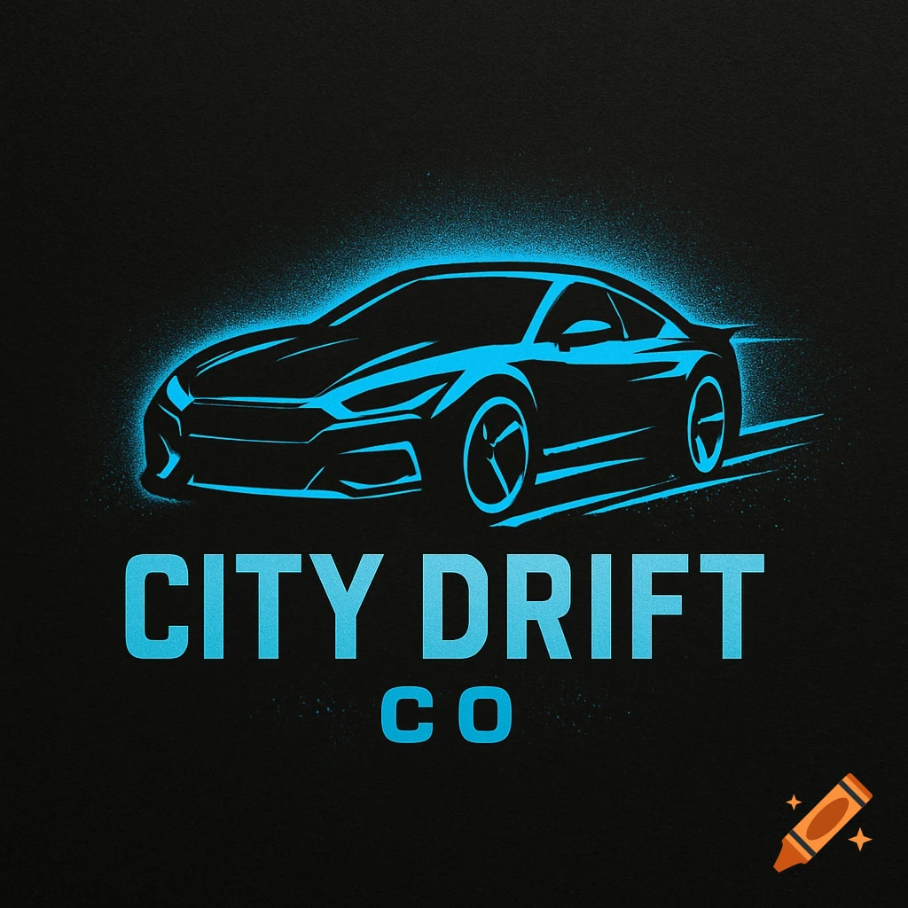A stylized teal blue silhouette of a sports car with a glowing outline, above the text 'CITY DRIFT CO' on a dark, textured background.