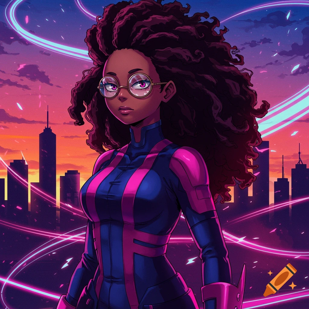 A dark-skinned anime girl with long curly hair and round glasses wears a blue and pink superhero suit against a neon-lit cityscape at dusk.