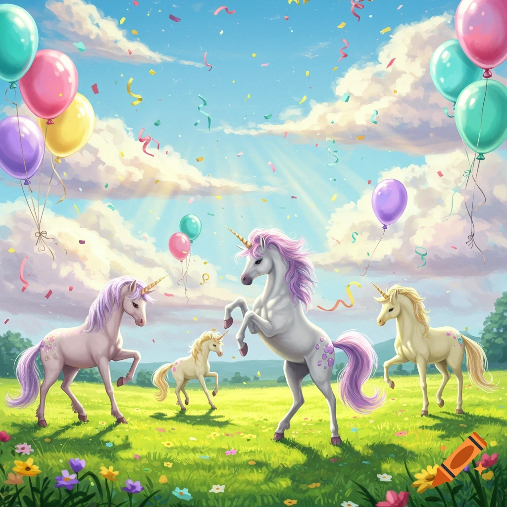 Four colorful unicorns dance in a vibrant green field with flowers under a bright blue sky, surrounded by balloons and falling confetti.