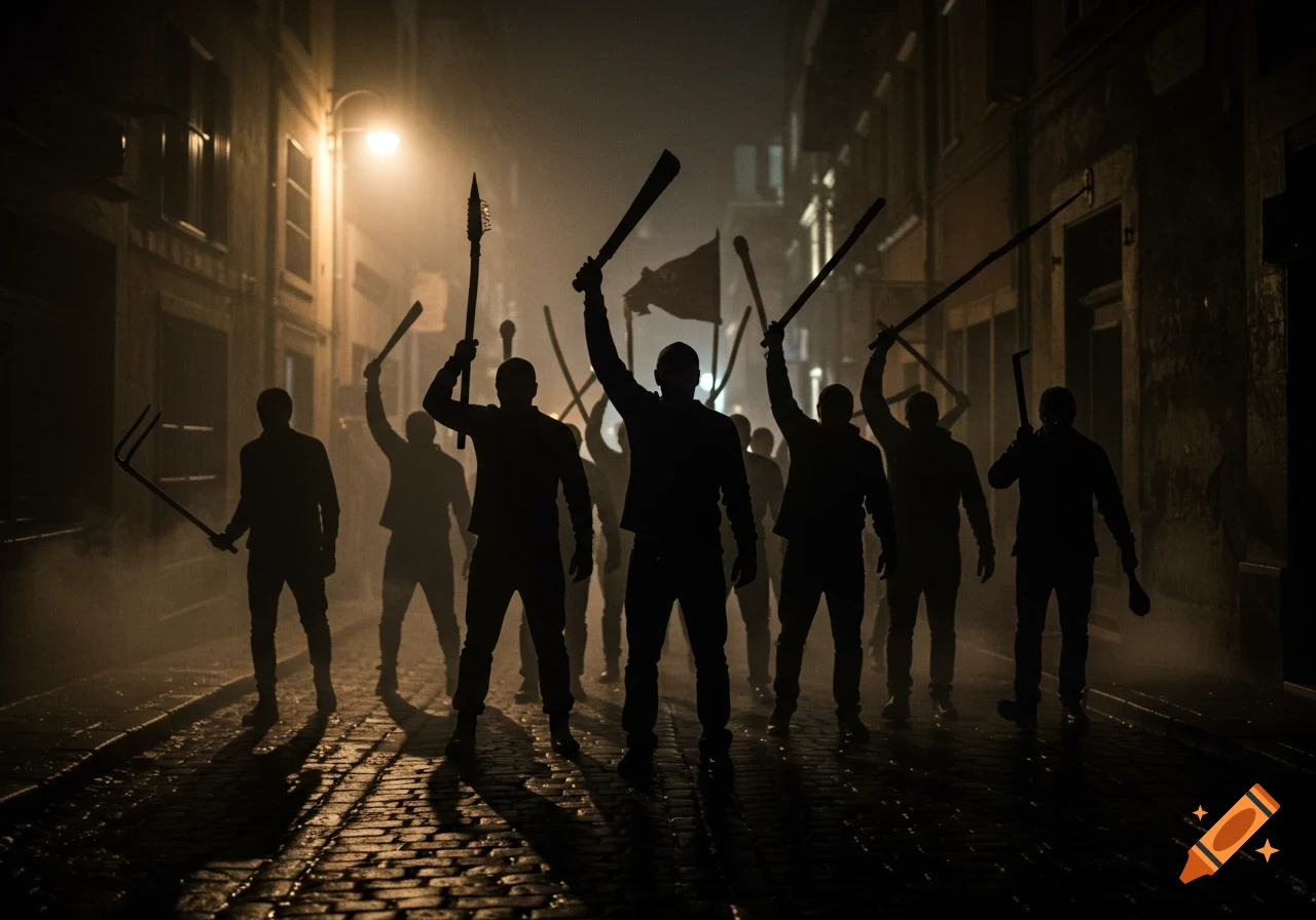 Silhouetted figures of a mob raise various weapons like pitchforks and clubs in a dark, foggy street at night.