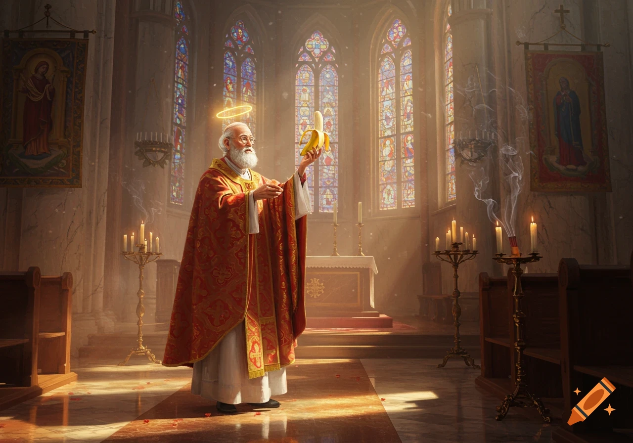 A bearded priest in red robes blesses a peeled banana in a grand church with stained glass windows.