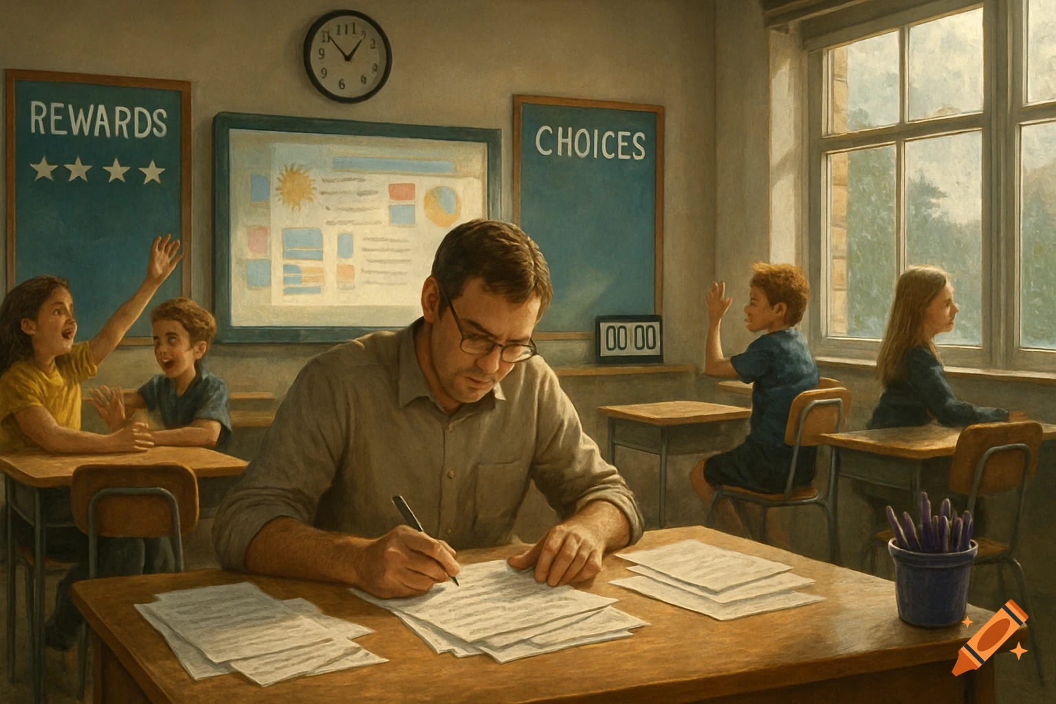 A male teacher works at his desk in a classroom while students sit at their desks; some are raising hands, one looks out the window. There are whiteboards and posters on the wall.