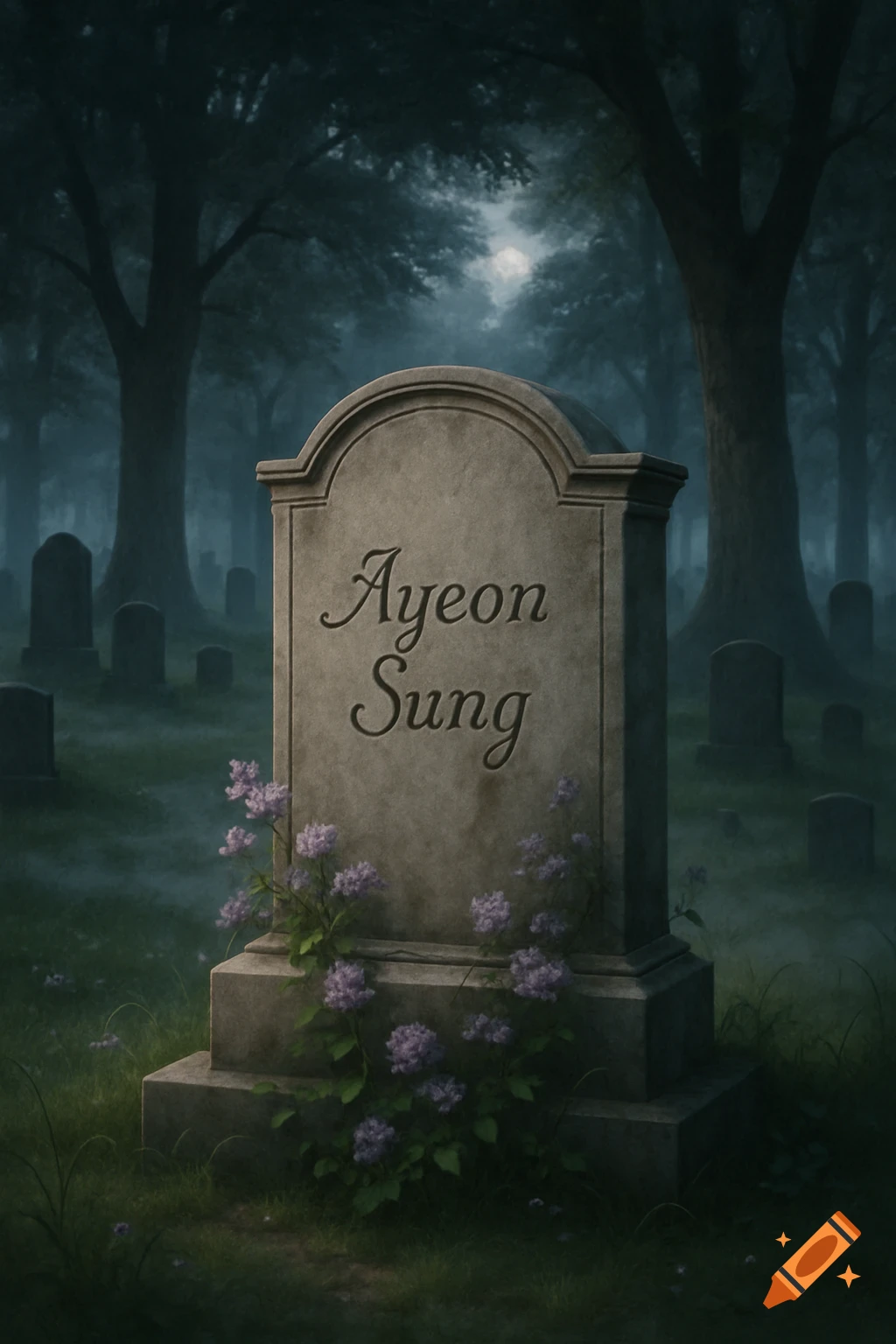 A somber, misty cemetery at night with a large tombstone in the foreground inscribed with "Ayeon Sung", surrounded by purple flowers.