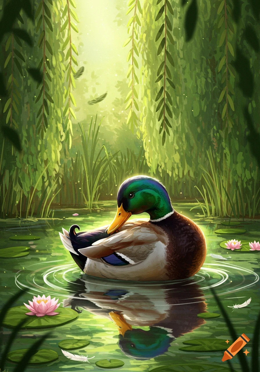 A mallard duck preening in a sunlit pond, surrounded by water lilies and hanging willow branches. Stylized digital art.
