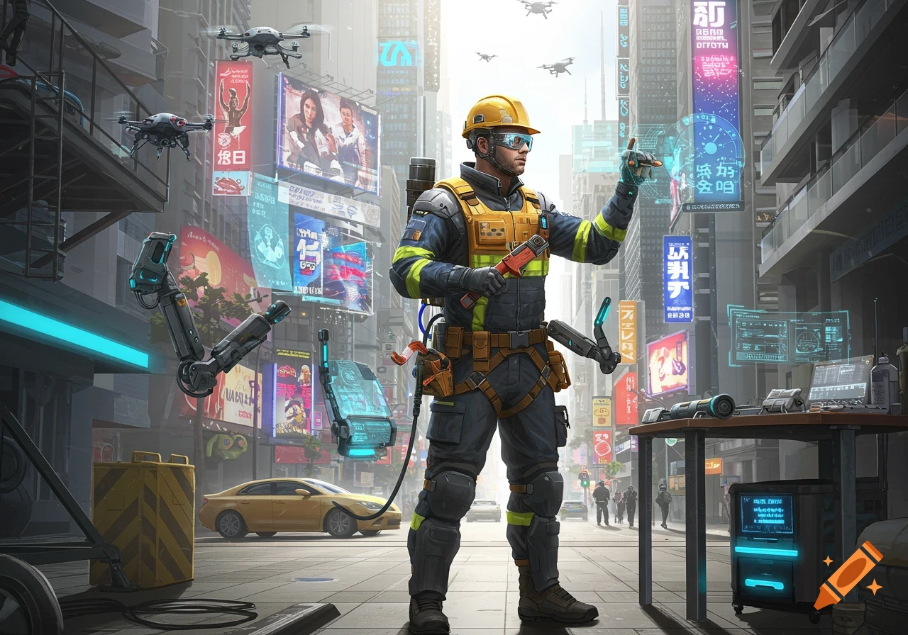 A futuristic engineer in a yellow hard hat and work suit interacts with a holographic interface in a bustling sci-fi city with flying drones.