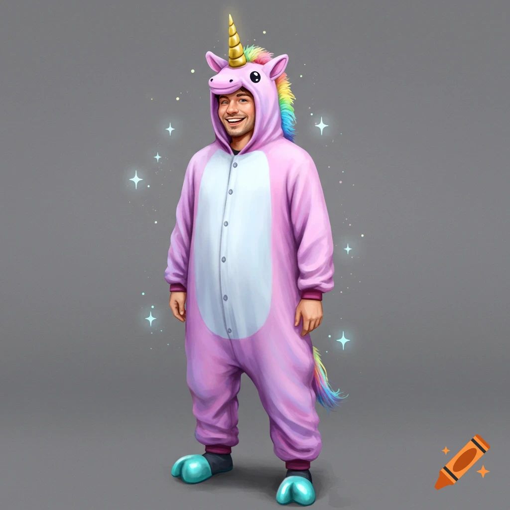 A smiling man wearing a pink unicorn onesie with a rainbow mane and golden horn stands on a gray background, surrounded by sparkles.