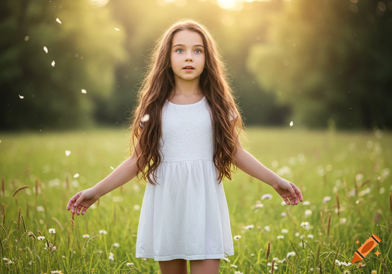 A photorealistic portrait of a young girl with long brown hair and blue eyes standing in a sunny green field.