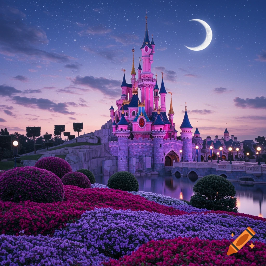 A majestic pink and purple fairytale castle by a lake at dusk, with vibrant flowers and a crescent moon in a starry sky.