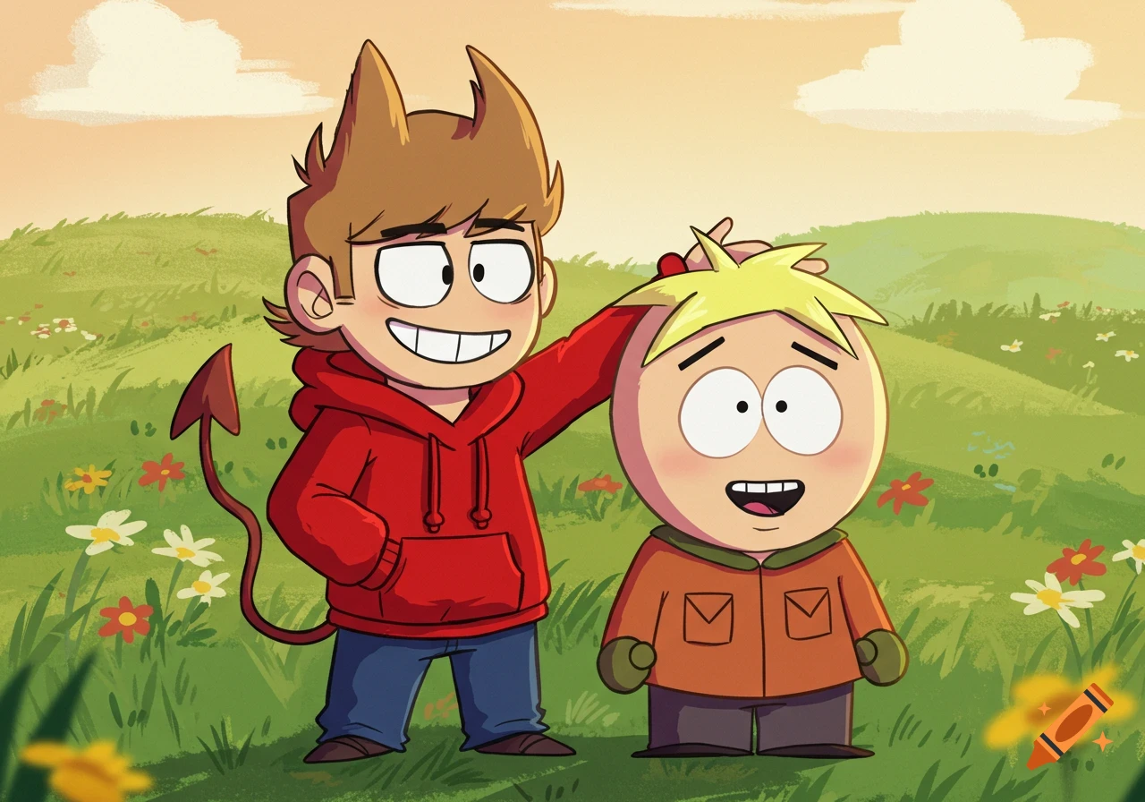 Cartoon of Tord from Eddsworld, with devil horns and tail, patting Butters from South Park on the head in a green field.