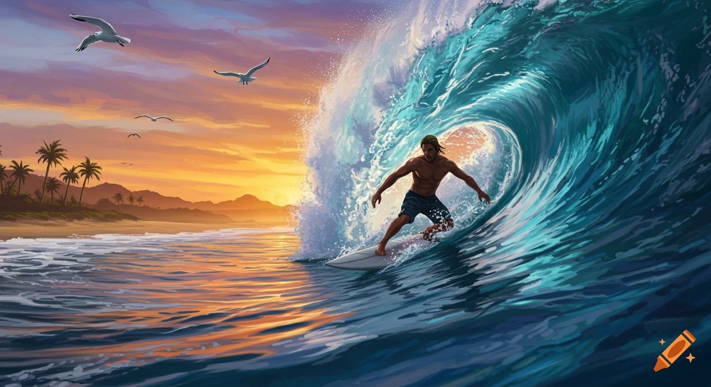 A man surfs a large blue wave at sunset with palm trees on the beach.