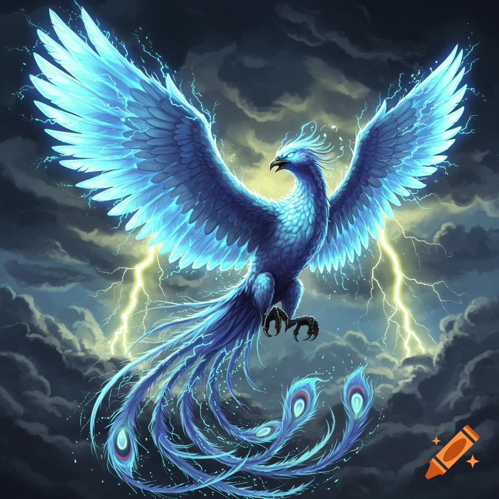 A majestic blue phoenix with glowing wings and tail feathers, surrounded by bright lightning in a dark, cloudy sky.