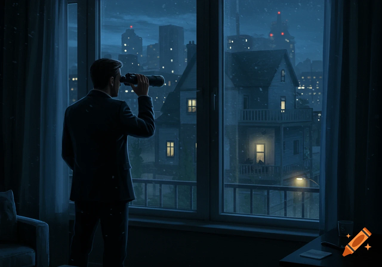 A man in a suit looks through binoculars from a window at night, observing houses and city buildings. Digital art.