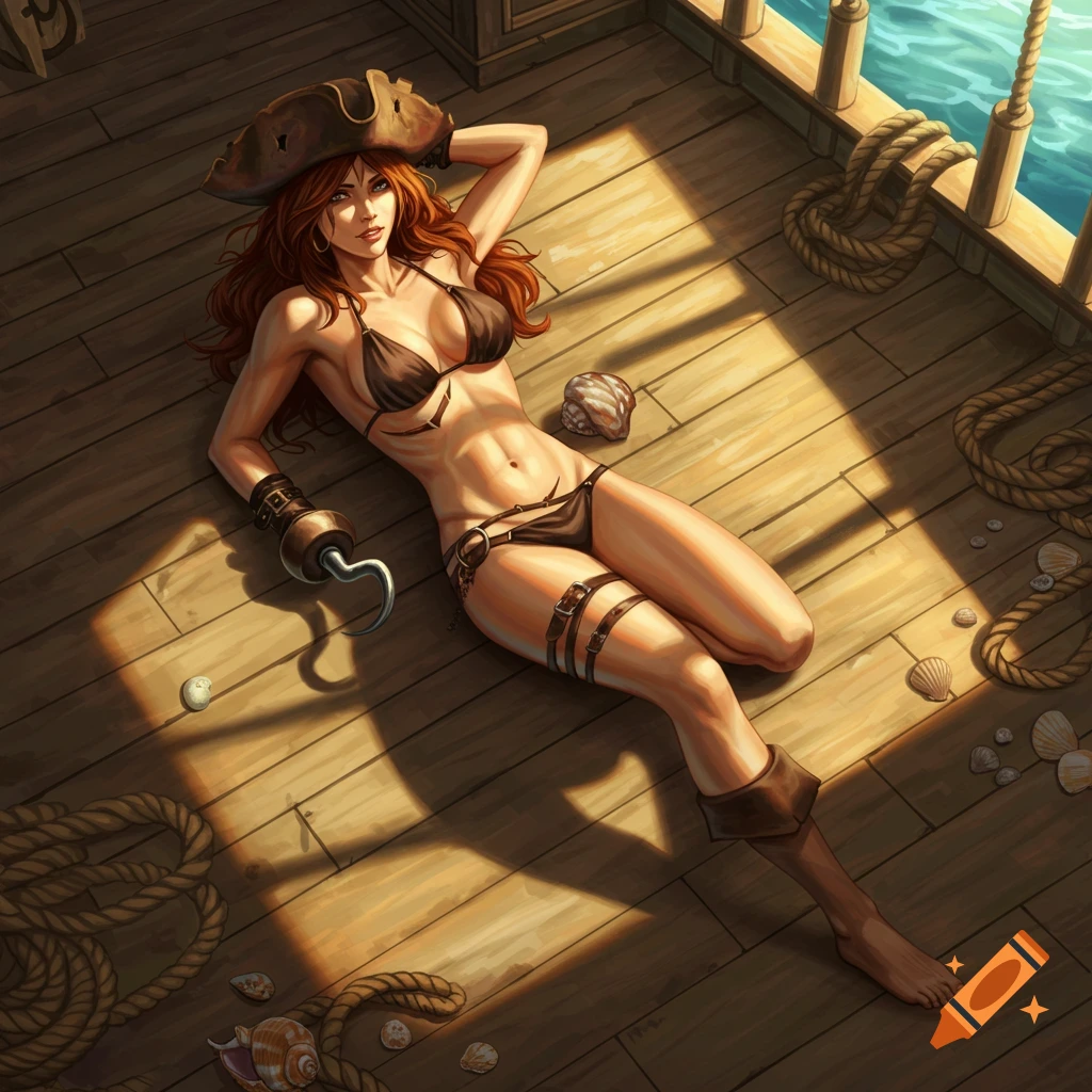 A red-haired pirate woman in a bikini and tricorn hat lies on a sunlit wooden ship deck.