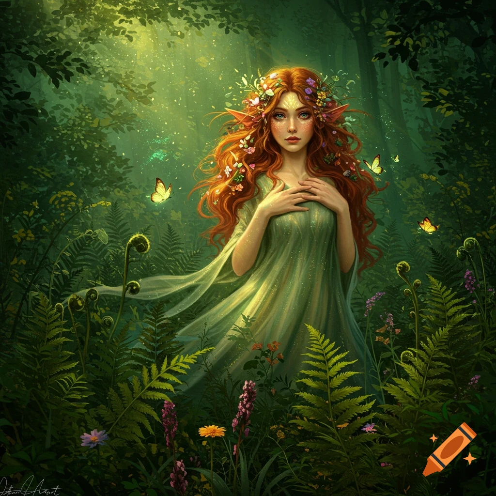 A red-haired elf with a floral crown stands in a sunlit, mystical forest surrounded by ferns and butterflies, illustration.