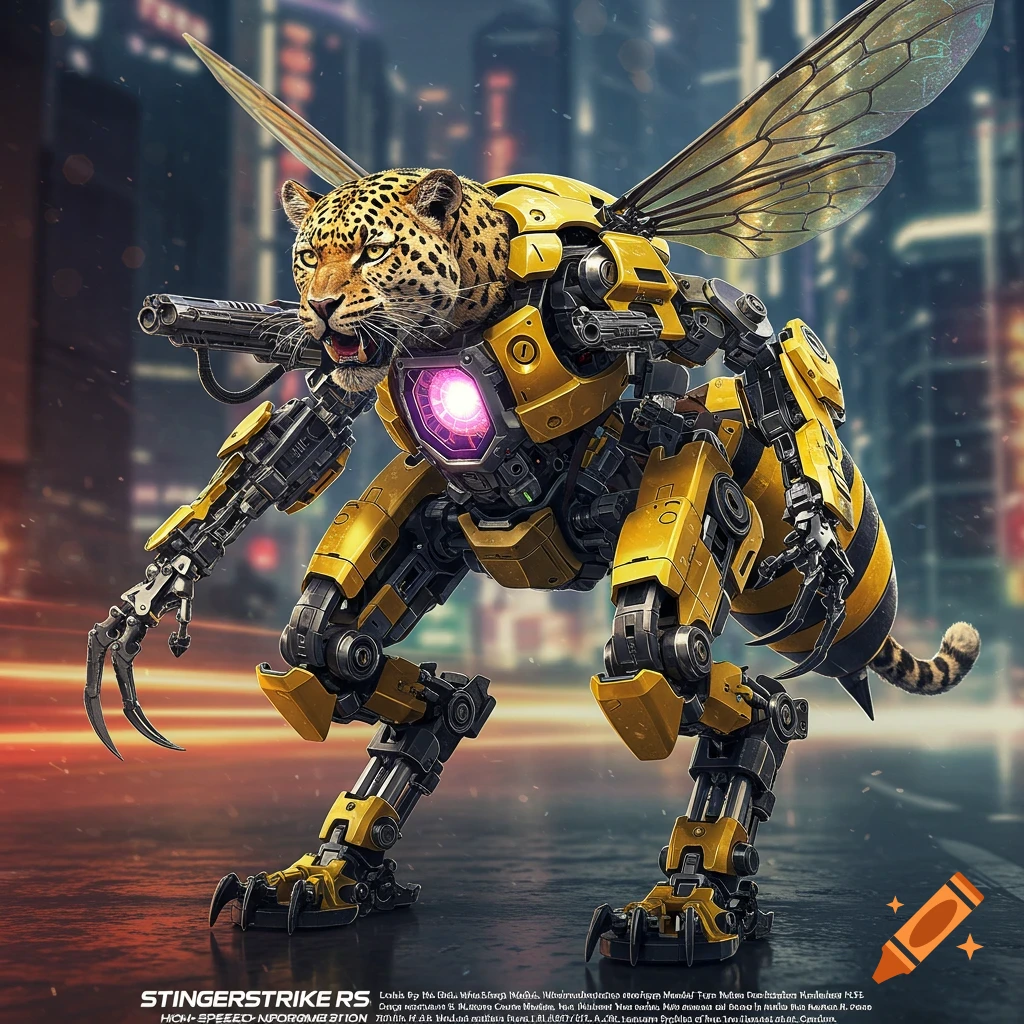 A detailed photorealistic depiction of a yellow and black leopard-bee hybrid robot with wings and weapons, standing on an urban street.