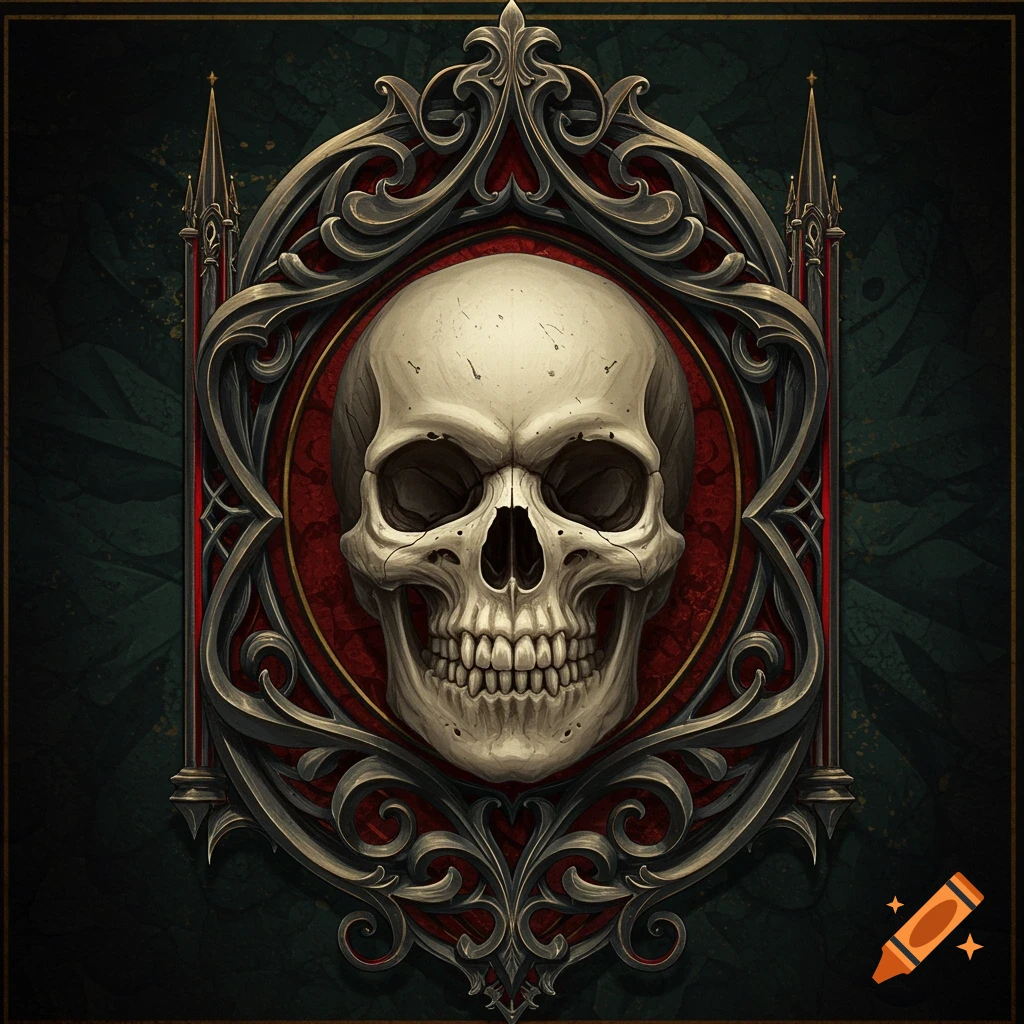 A human skull centered within an ornate, dark gothic frame with red and gold accents on a dark background.