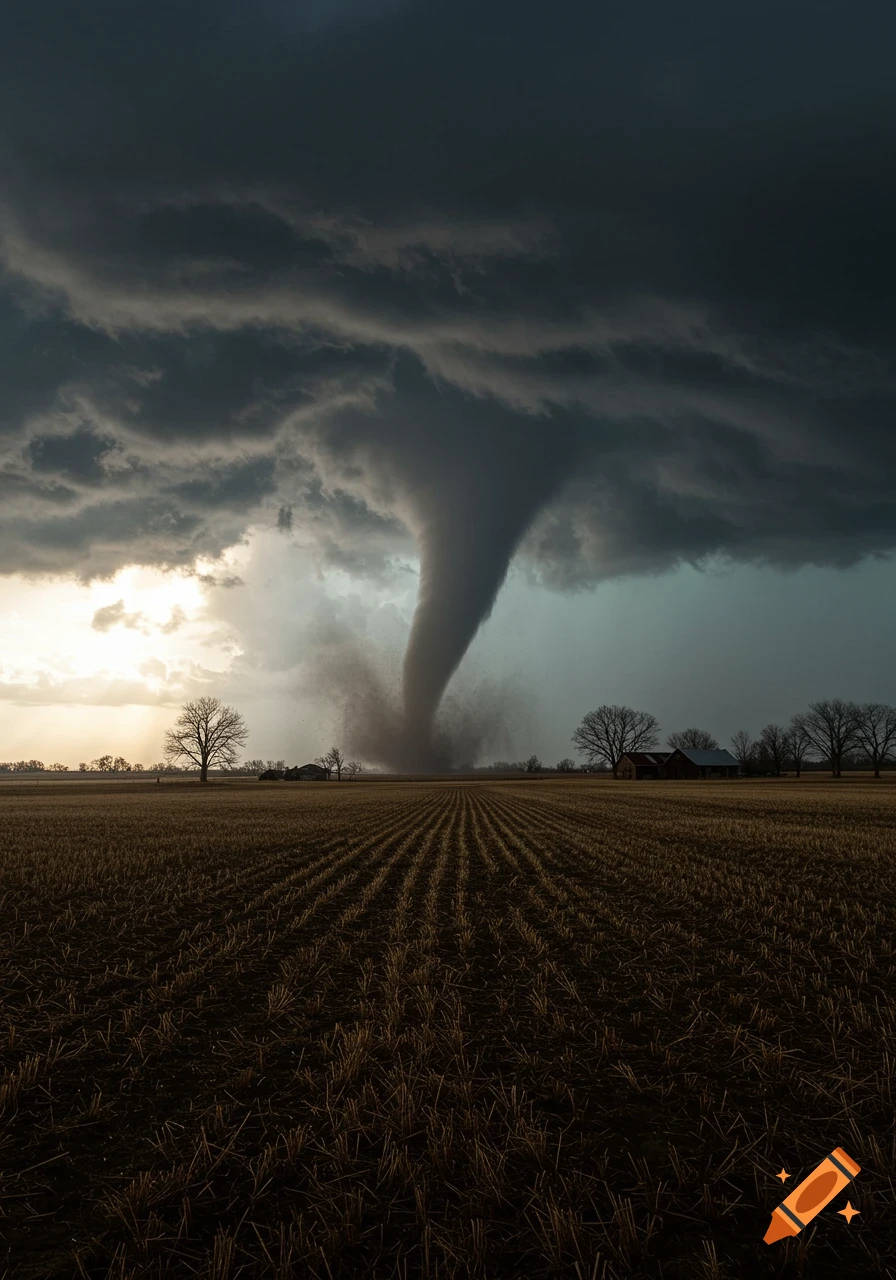 A massive tornado funnel cloud touches down in a vast field under a dark, stormy sky with distant trees and farmhouses.