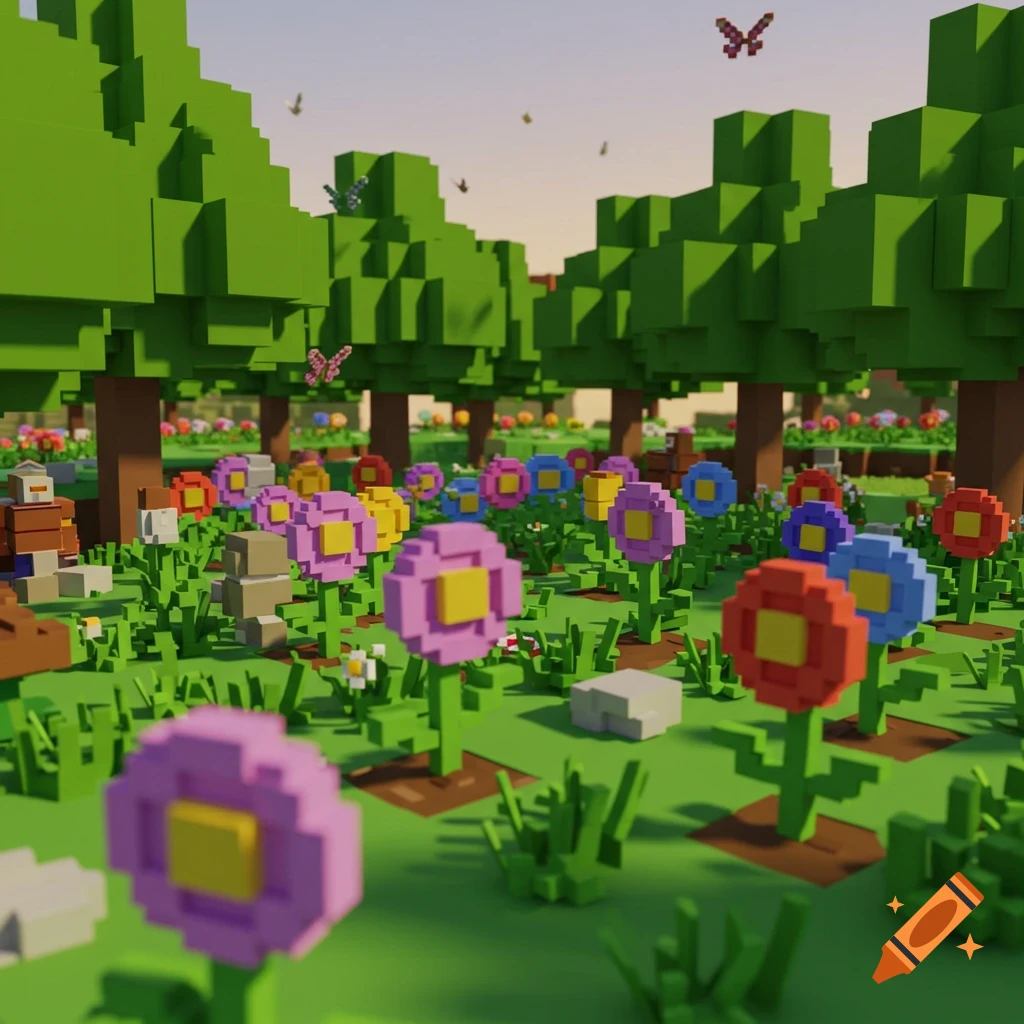 A vibrant blocky garden scene with colorful pixelated flowers, green trees, and butterflies flying under a light sky.