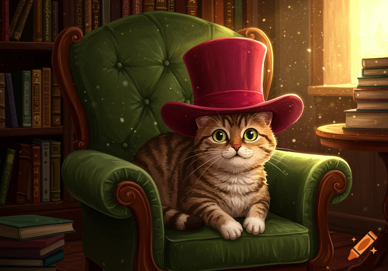 A cute tabby cat with big green eyes wears a pink top hat while sitting on a green armchair in a dimly lit library.