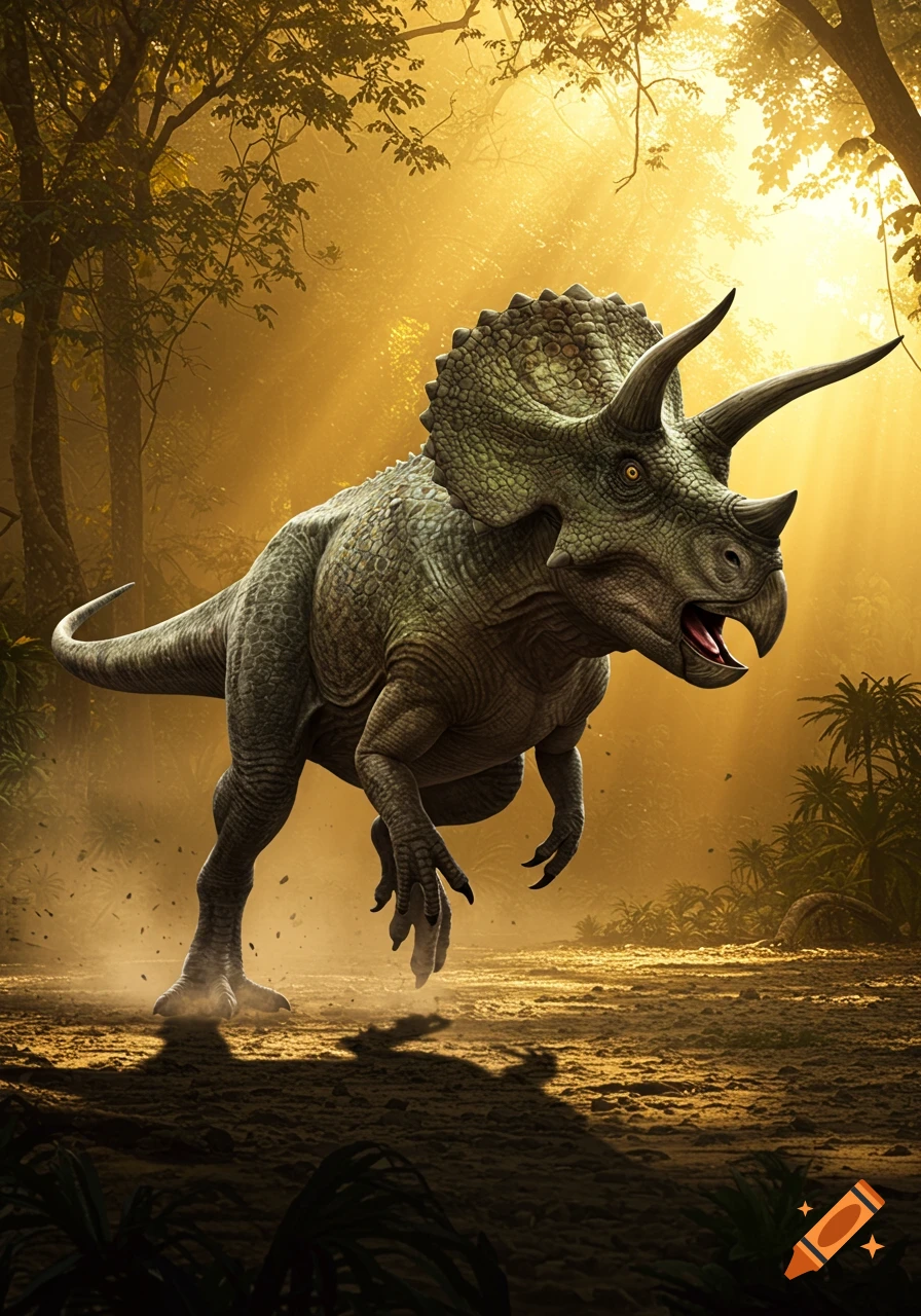 A photorealistic hybrid dinosaur with a triceratops frill and tail club in a dynamic pose, running through a sunlit jungle.