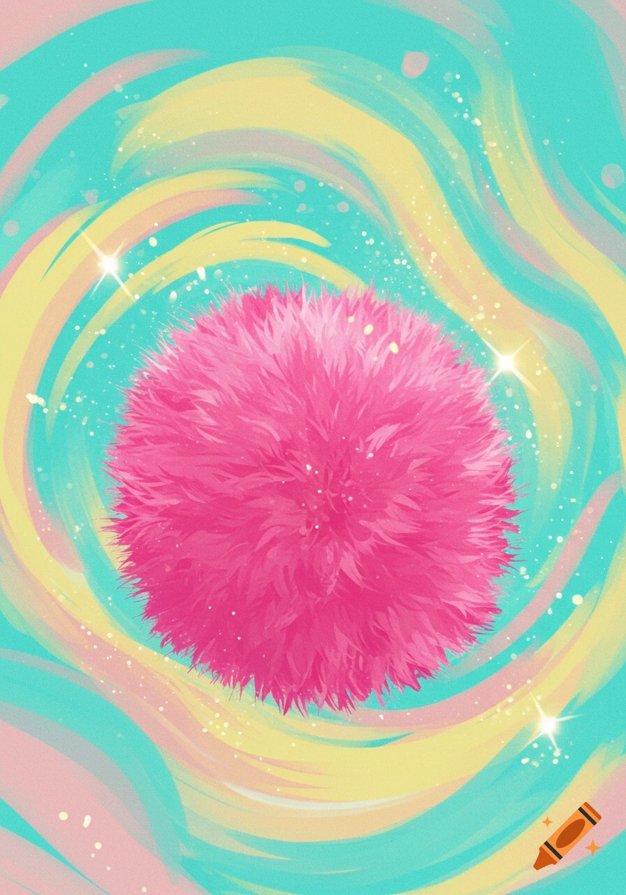A bright pink fluffy sphere against a swirling pastel background of turquoise, yellow, and pink, with sparkles.