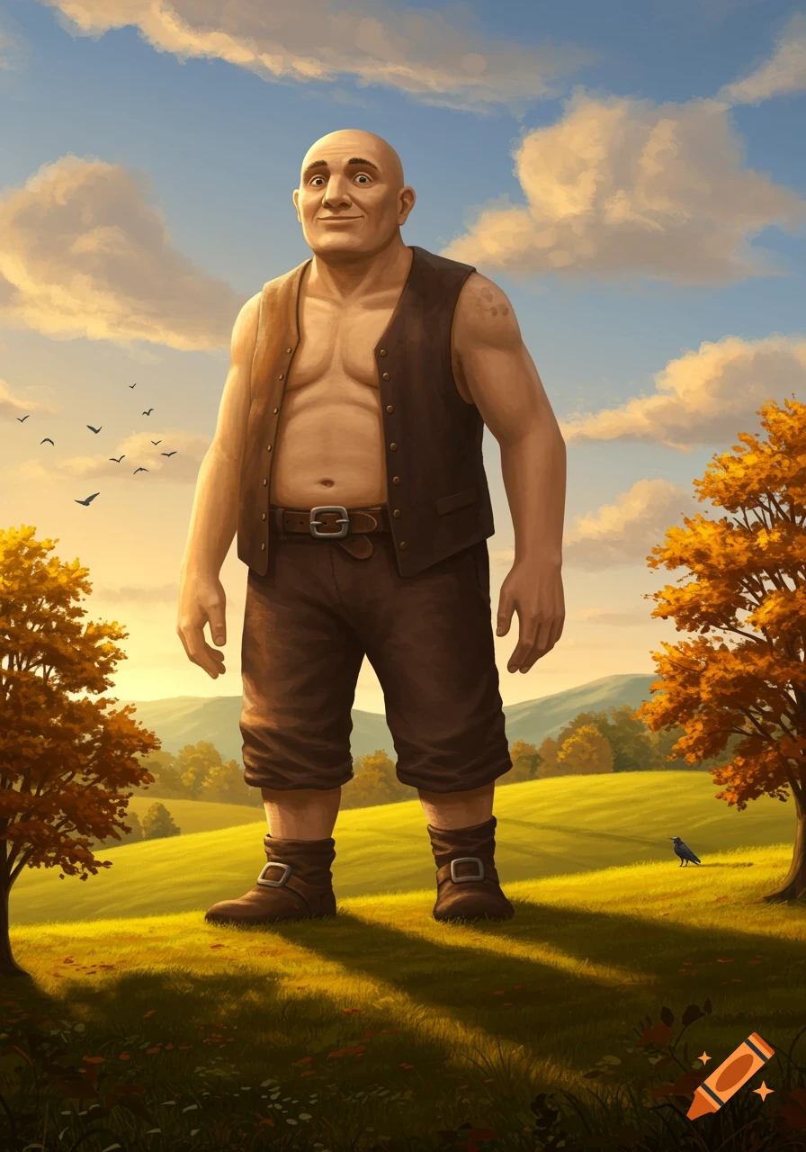 A large, bald, muscular man in a brown waistcoat, breeches, and boots stands in a golden meadow under a cloudy sky. Birds fly in the distance.