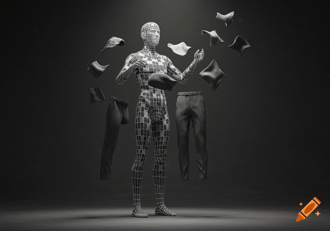 A male figure made of wireframe grids assembling clothes from floating fabric squares in a dark room, 3D render.