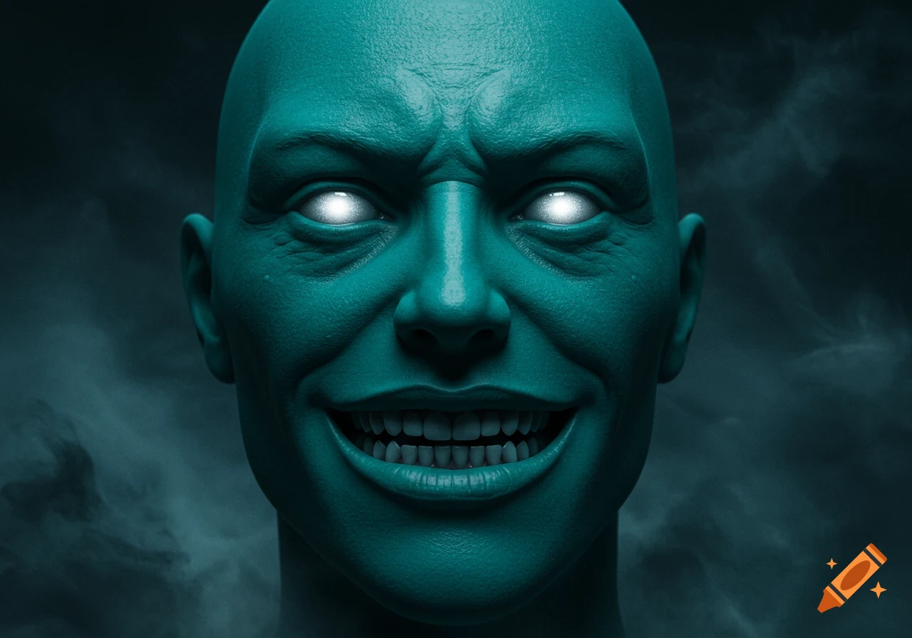 Close-up of a teal-skinned bald head with glowing white eyes and a wide, creepy smile against a dark, smoky background.