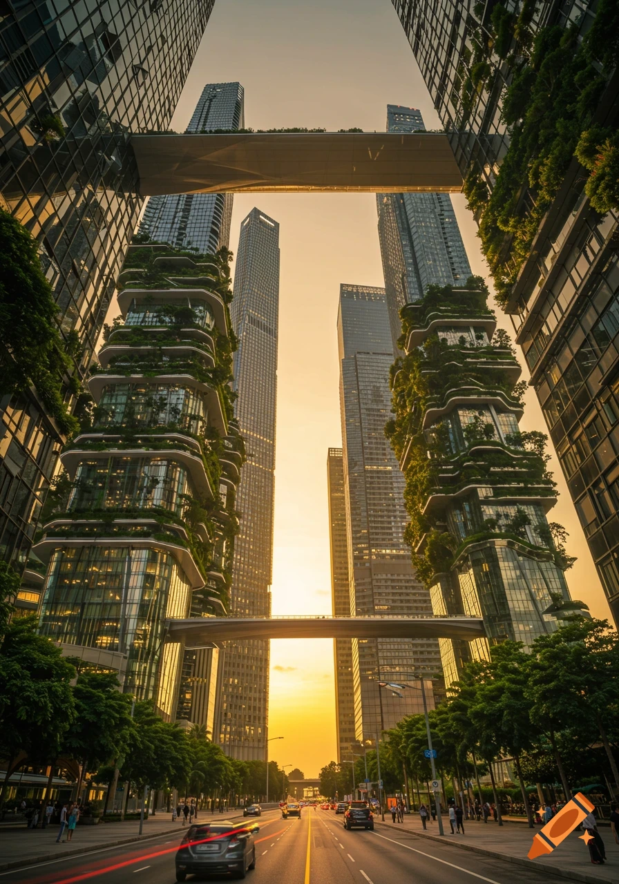 Photorealistic low-angle view of modern skyscrapers with vertical gardens and sky bridges, bustling street below at golden hour sunset.