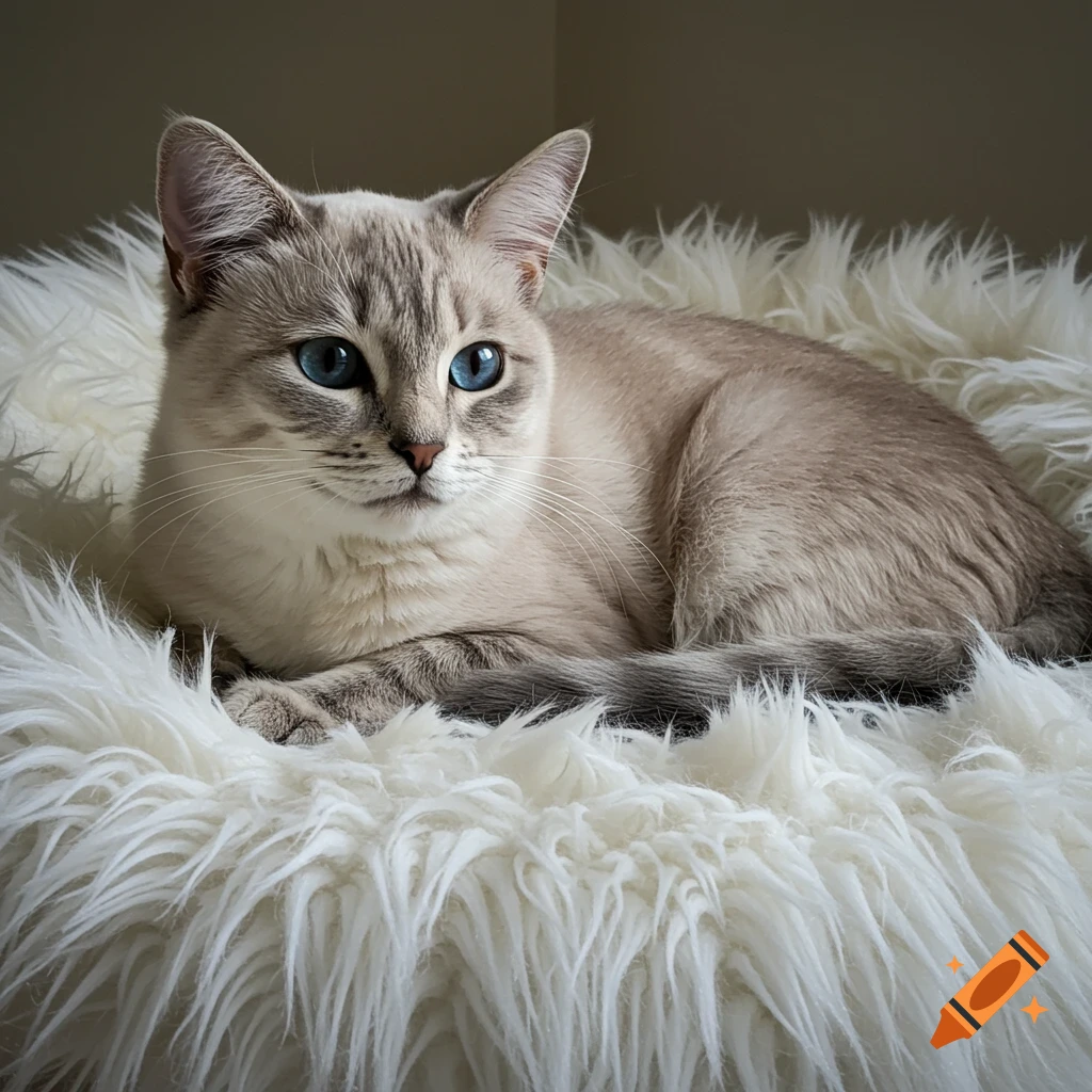 A photorealistic image of a light-colored cat with striking blue eyes resting on a fluffy white bed.