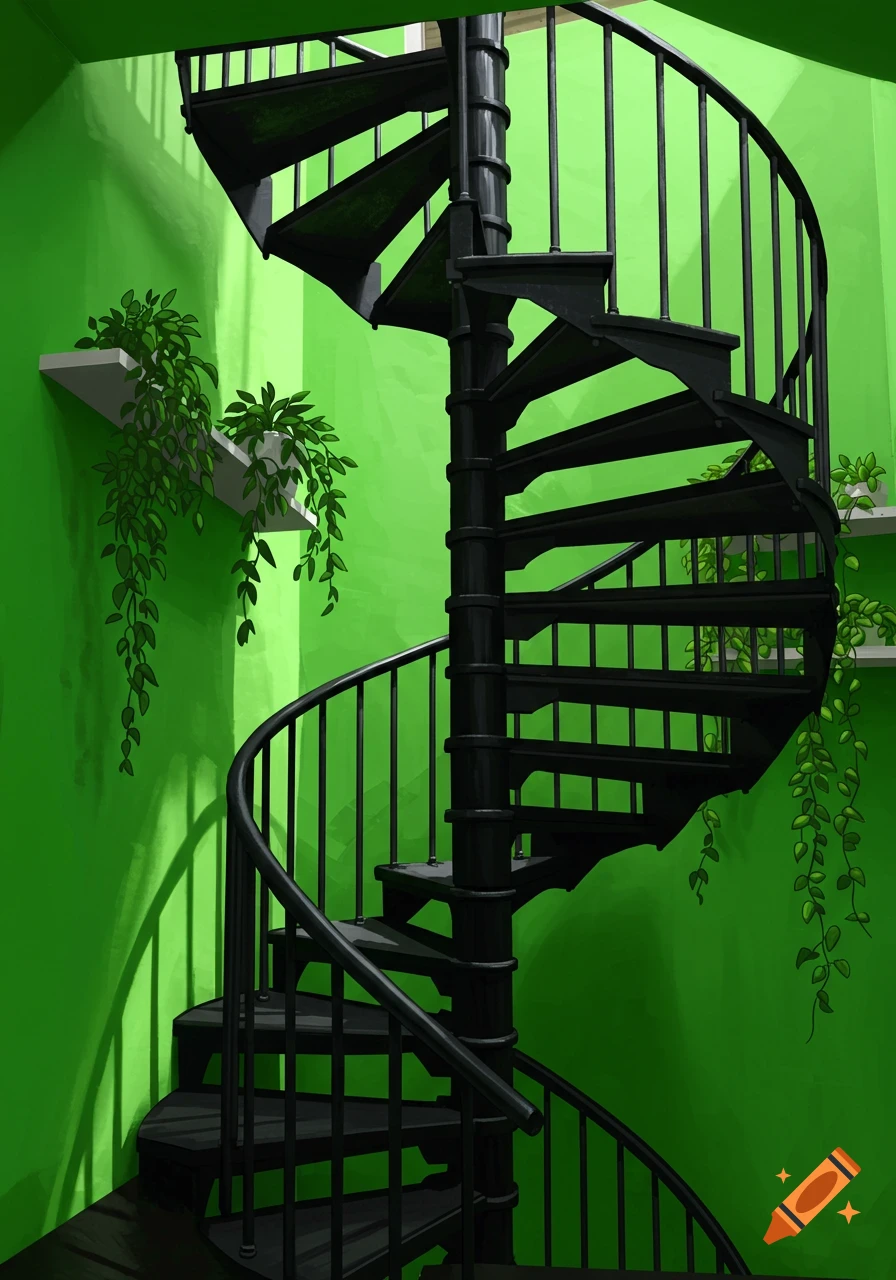 A black spiral staircase with a railing against a bright green wall, with green potted plants on white shelves.