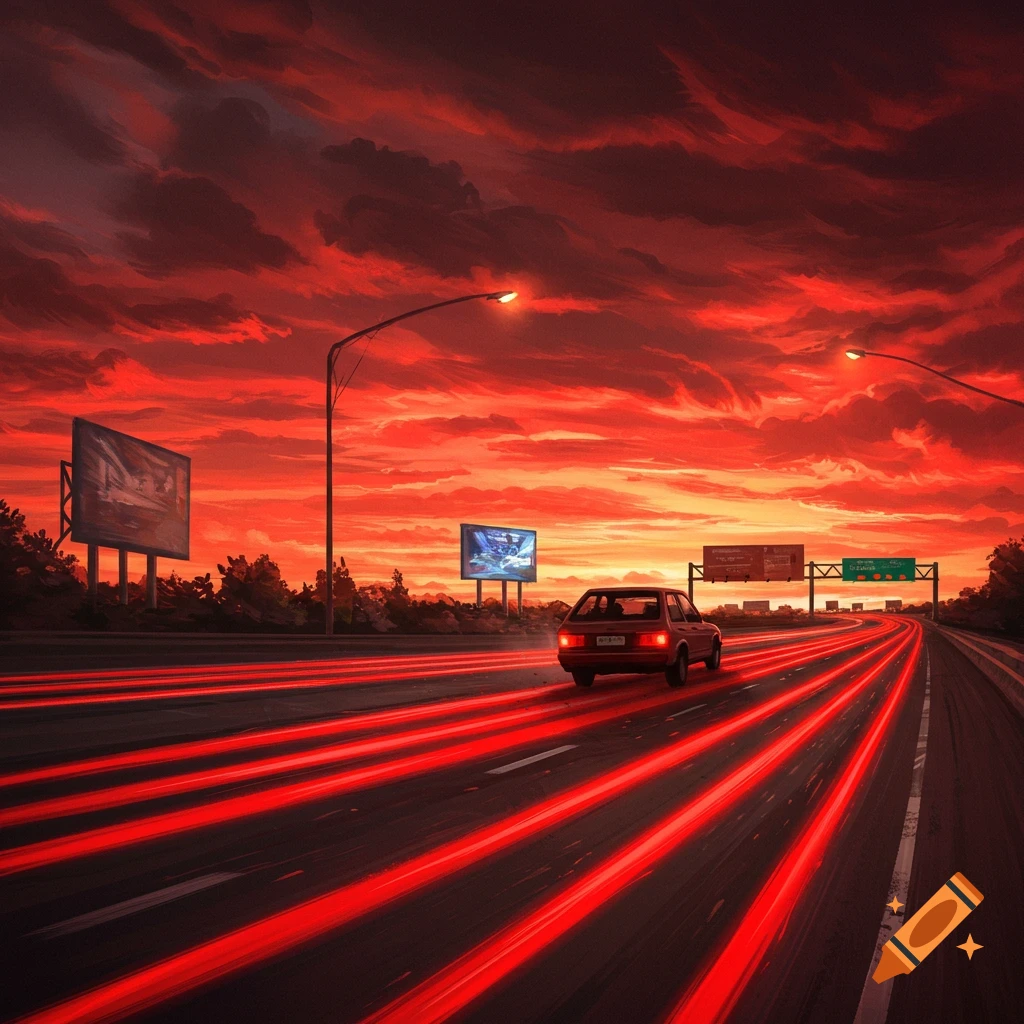 A red car drives on a highway under a dramatic red and orange sunset sky, with bright red light trails on the road.
